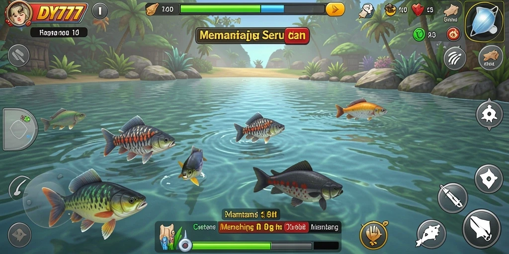 Tampilan gameplay DY777 dengan momen menangkap ikan besar.