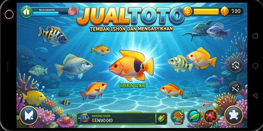 Screenshot utama JUALTOTO menunjukkan aksi menembak ikan yang seru.