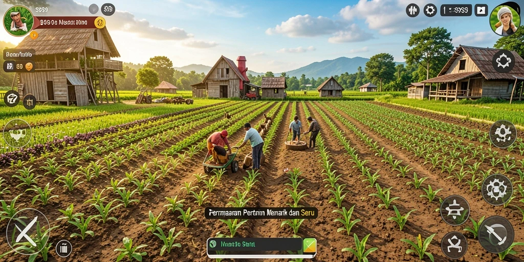 Tampilan gameplay S9S9 dengan ladang subur dan hewan ternak.